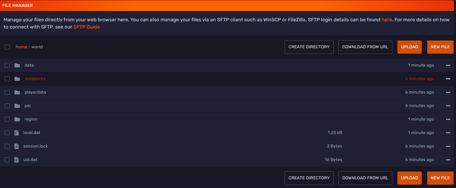 File manager tab showing the datapacks folder