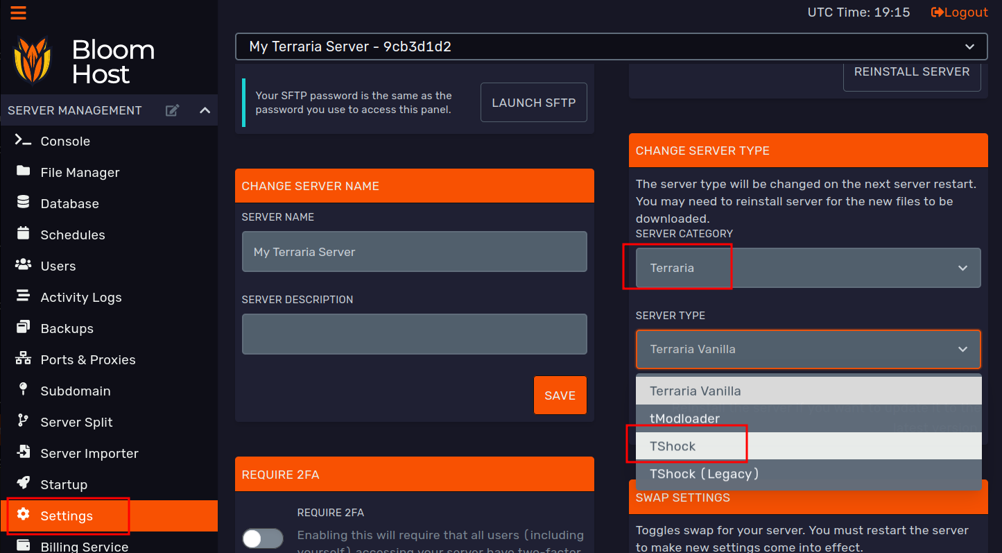 Server category and type set to Terraria in Settings tab